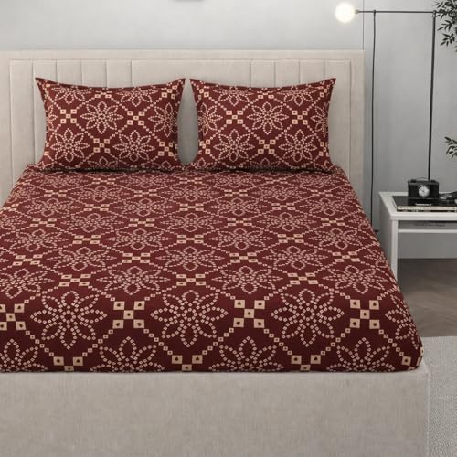 Image of 350 TC Premium Heavy Cotton Feel Elastic Fitted Bedsheet Queen Size with 2 Pillow Covers || Double Bed with All Around Elastic (New Wine, Fitted - 72 inchx78 inch King)