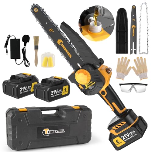CONENTOOL Mini Chainsaw Cordless 8 Inch, Electric Chainsaw Brushless with 2 Batteries 4.0Ah, Battery Chainsaw with Oiler System and Security Lock for Wood Cutting Tree Trimming Gardening, Yellow