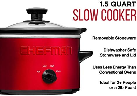 Chefman Slow Cooker, 1.5 Quart Ideal for 2+ People, Fits 2 lb Roast, Removable Crock, Dishwasher Safe Stoneware & Lid - RJ15-15-Red RJ15-15-Red