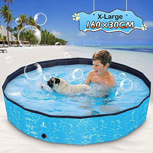 Wimypet Piscina para Mascotas Niños Plegable, Piscina para Mascotas Bañera Plegable, Piscina Plegable para Perros, Piscina con PVC Antideslizante para Perros/Gatos/Niños - Azul Patrón(160x30CM)