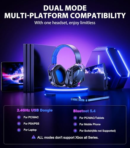 Image of Vakedy Wireless PS5 Headset, 20ms Low Latency & BT 5.4 and 2.4GHz USB | 250g Lightweight with Noise Canceling Mic, 50mm Drivers and 7.1 Surround Sound, 50H Battery Gaming Headphone for PC, Switch