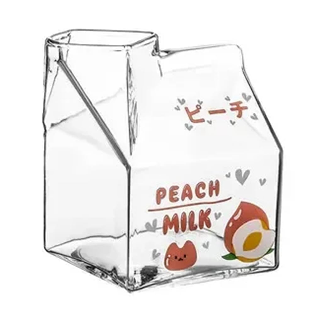 CTRLZS 380Ml Kawaii Square Milk Carton Glass Cup Heat Cute Strawberry Peach Breakfast Cup Pudding Cup Milk Bottles High Guality, B