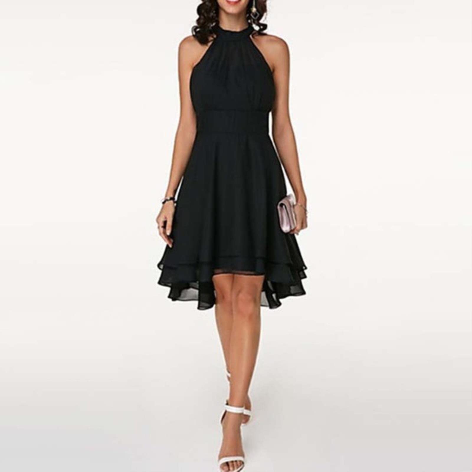 Vestito Dress da Donna Elegante Halter Halter Senza Maniche Potato A Strati Mobili Vestito Midi Estate in Chiffon Tinta Unita A Vita Alta A Vita Alta Abiti da Festa