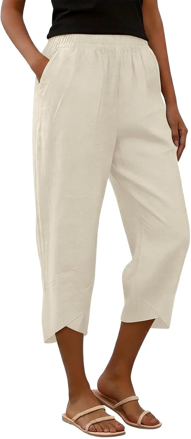 Women's Capri Pants with Pockets High Waist Cotton Pants Wide Leg Workout Summer Pants for Casual, Travel, Exercise