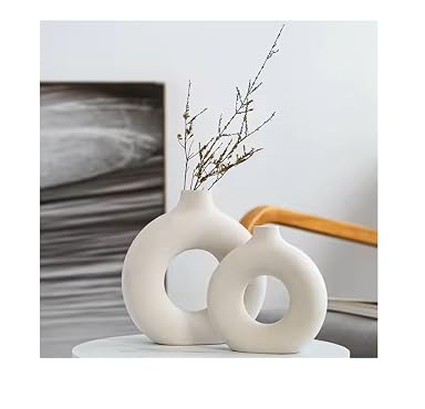 SPHINX White Ceramic Donut Vase Set of 2 (6 & 8 Inch) – Modern Pampas Grass Flower Vases for Home Office Decor, Aesthetic Centerpiece, Minimalist Gift – Vase Only