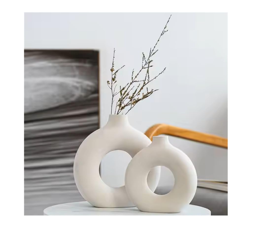 SPHINX White Ceramic Donut Vase Set of 2 (6 & 8 Inch) – Modern Pampas Grass Flower Vases for Home Office Decor, Aesthetic Centerpiece, Minimalist Gift – Vase Only