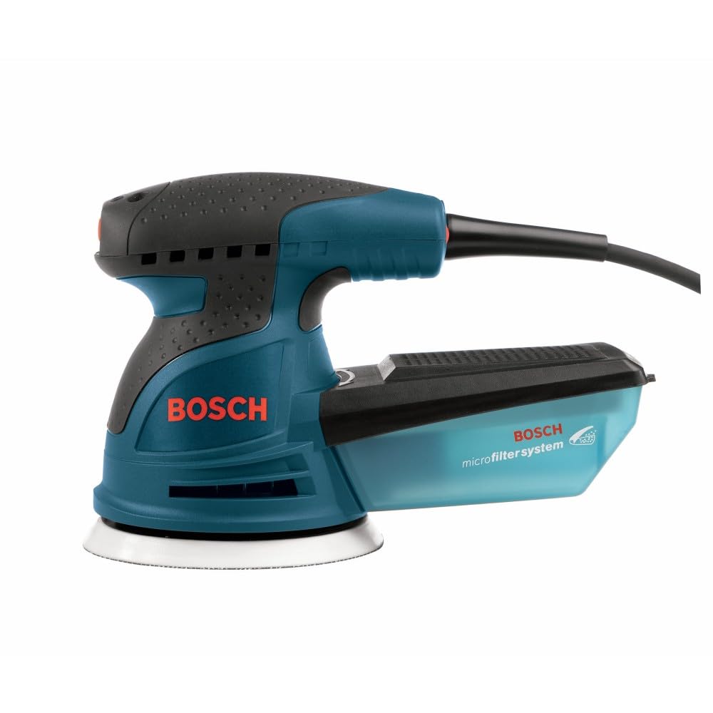 BOSCH ROS20VSK - Lijadora de palma de 2.5 amperios y 5 pulgadas. Kit de lijadora/pulidora orbital aleatoria de velocidad variable con cable con colector de polvo y funda de transporte rígida