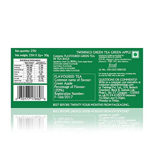 Image of Twinings Green Tea Green Apple, 25 Teabags| Pack of 1| Perfectly Balanced & Refreshing Taste| Light, Fruity Taste| Low Calorie| Handpicked Green Leaves| Enjoy a Hot Cup of Tea