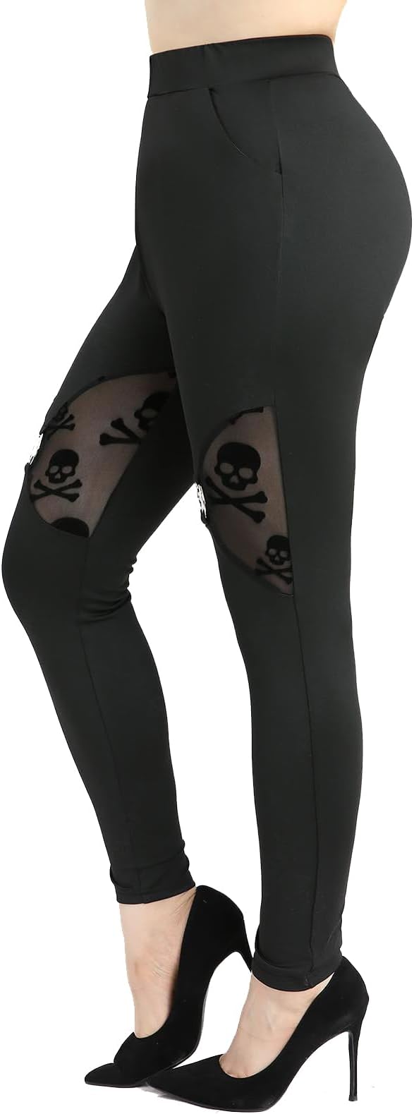 Plus Size Womens Gothic Punk Skulls Mesh Panel High Waisted Tummy Control Leggings
