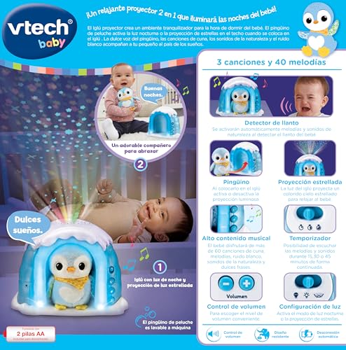 VTech-Baby Iglú Proyector Peluchito Pingüino, Juguete bebés recién Nacidos, Proyector Musical con Luces y Cielo Estrellado, Peluche Interactivo, Nanas y Sonidos Naturaleza, Versión ESP - imagen 6