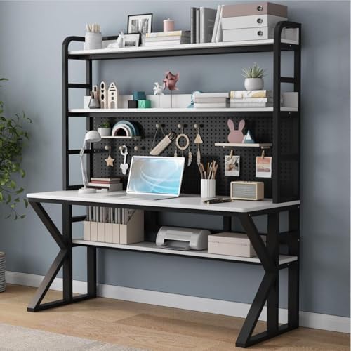 Escritorio para computadora de madera maciza con estantes de almacenamiento y diseño moderno, mesa grande para escribir en casa, oficina y estudio, resistente y espacioso