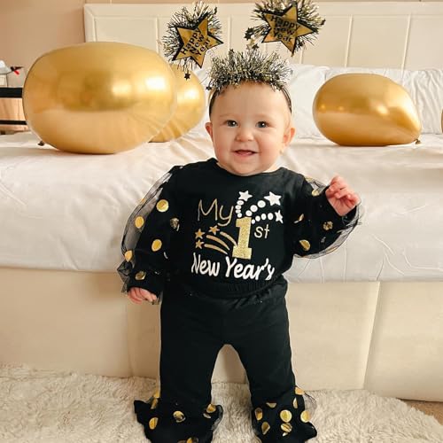 New Years Baby Girl Outfit Long Sleeve Letters Romper Bell Bottoms Pants with Headband New Years Eve Clothes Sets2