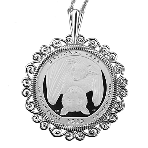 US 2020 National Park of American Samoa Quarter 90% Silver Proof Coin Sterling Silver Necklace - Samoan Fruit Bat Mother Hanging in a Tree with Her Pup