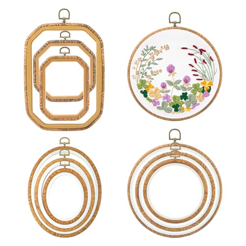 Image of 9 Pcs Large Embroidery Frame Decorative Imitated Wood Display Embroidery Hoop Circle Oval Octagonal Cross Stitch Hoop Ring for Art Craft DIY Sewing and Hanging Ornaments Decor(Color:Brown)
