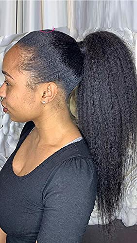 Nnzes Human Hair Ponytail Extensions Yaki Afro Kinky Straight Ponytail Wrap Around Human Hair Hairpiece with Clip in Ponytail (14Inch, Black)