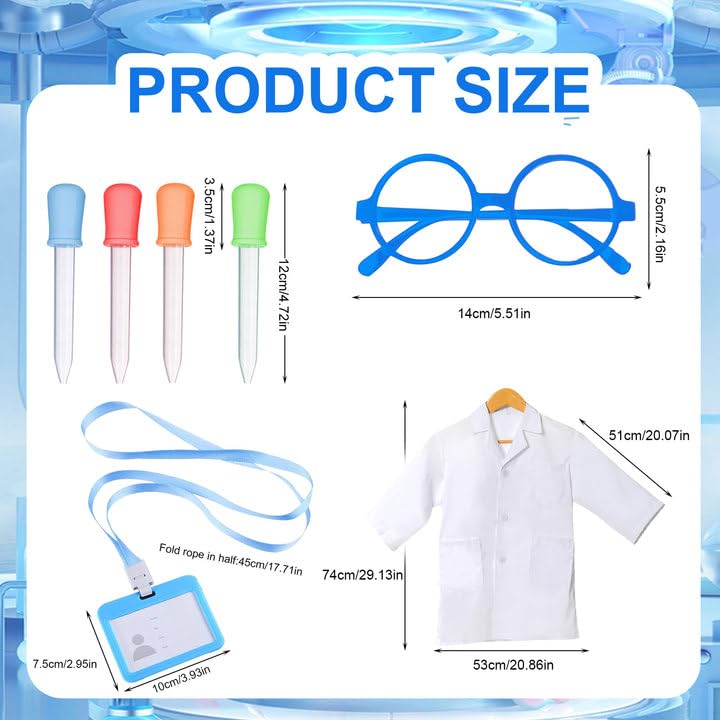 SKHAOVS 7 Pcs Scientist Costume Set for Kids, Lab Coat with Blue Glasses Dropper Lanyard with Card Holder, Doctor Scientist Fancy Dress for Role Play, Laboratory Learning, School Projects (White) - Image 2
