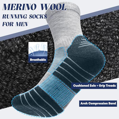Merino Wool Mens Socks Hiking, Crew Socks for Men Cushioned Arch Support Running Athletic 9-142