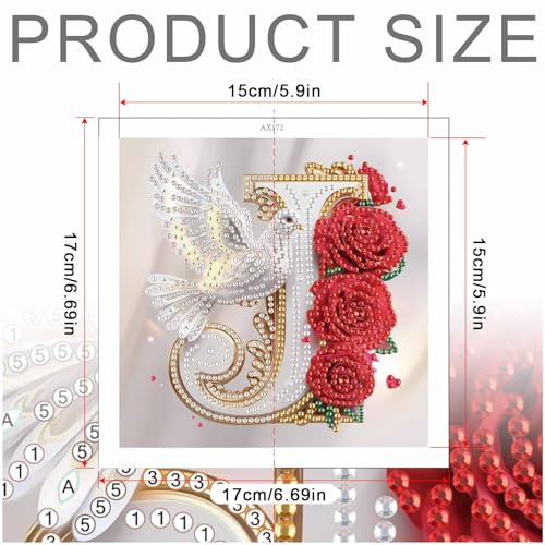 Image of AiYuanzsh 5D Diamond Art Kits for Adults Letter J, Joyful Floral Rose & Dove Special Shape Diamond Painting for Beginners, DIY Initial Diamond Art Craft for Home Wall Decoration 17x17cm