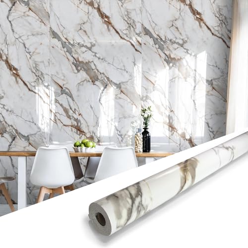 Marble Peel and Stick Waterproof Wall Paneling, 118' x 47' Calacatta Gold Glossy Finish...