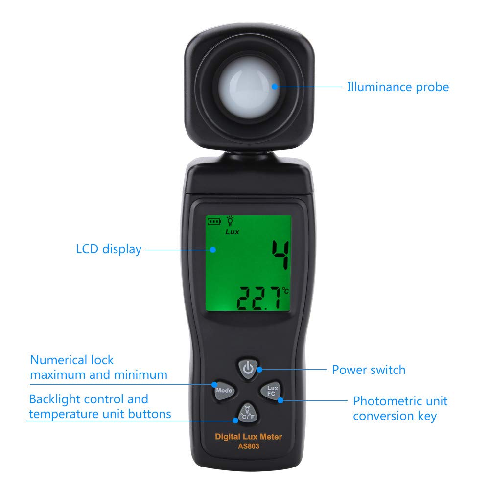 Fyearfly Luxmetro Digitale, 1-200.000 Lux As803 Tester di Illuminazione Misuratore di Luminosità Ad Altissima Portata, Esposimetro in Tempo Reale, Si Adatta alla Luce Naturale E Ai Fari delle Auto