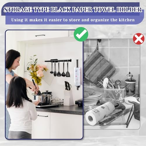 Image of Black Paper Towel Holder, Self Adhesive Paper Towel Holder Under Cabinet | Stainless Steel, kitchen, Bathroom, Sink, Pantry, Fridge, durable, scratch-resistant, cling film, foil rolls, Drilling