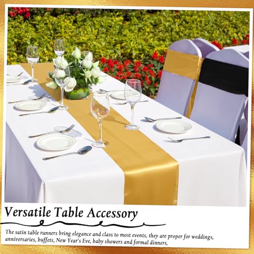 VitalCozy 12 Pcs Satin Table Runners 12 x 108 Multicolor Long Satin Silk Table Runner Colorful for Wedding Birthday Party Banquet Decor(Black, Gold) by VitalCozy - Used condition - Image 6