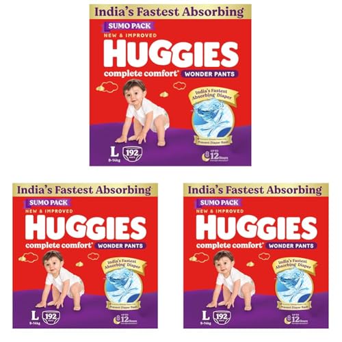 Image of Huggies Complete Comfort Wonder Pants | Pant Style Baby Diapers Large Size (L), 192 Count | India's Fastest Absorbing Diaper, Prevents Diaper Rash, Ideal for 9 to 14 Kgs (64 Count, Pack of 9)