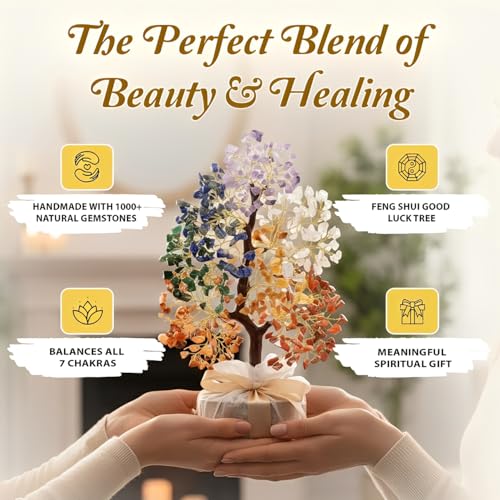 Image of JD FRESH 1000 Beads Crystal Tree /7 Chakra Crystal Tree /Showpiece Good Luck and Positive Energy /Showpiece for Living Room /Natural Healing Gemstones Money Tree /Lucky Tree for Good Luck (Multicolor)