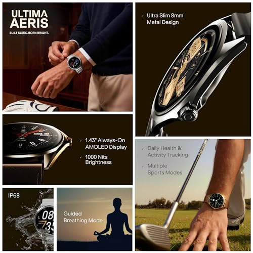 Image of boAt Ultima Aeris 1.43 inch AMOLED Display, 1000 nits Brightness, Ultra Slim 8mm Metal Build, IP68, Auto HR & SpO2 Monitoring, Sleep & Stress Tracking, Stylish Smartwatch for Men & Women(Tan Brown)