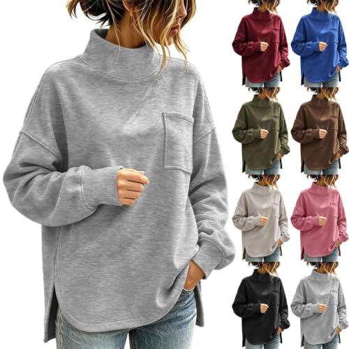 GOSEAGOTOFUN Mock Neck Sweatshirt Women High Neck Side Slit Casual Sweatshirt Long Sleeve Loose Pullover Fashion Fall Clothes Grey Small - image 1