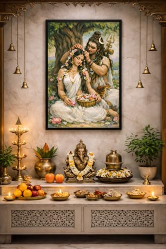 Image of hiva Parvati Love Story Framed Wall Art - 14x10 Inch Religious Hindu God Photo Frame for Home & Pooja Room Decor - High-Definition Sparkle Laminated Finish (Black Frame)