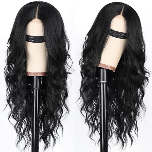 Image of AISI HAIR Black Wig for Women, Long Wavy Lace Hairline Middle Part Synthetic Heat Resistant Wig for Daily Party-26 Inch