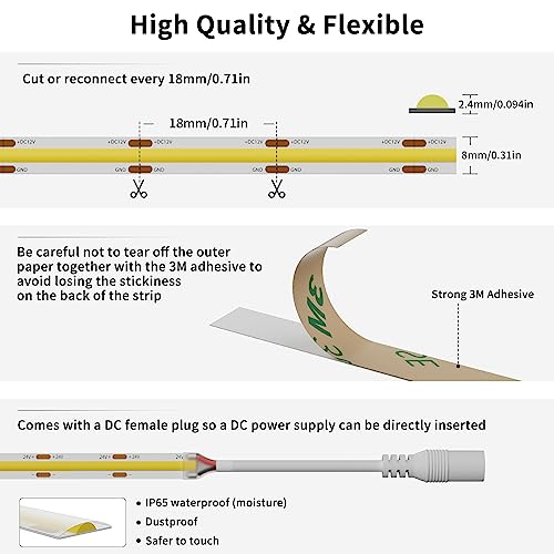 Image of PAUTIX COB LED Strip Light 12V Warm White 3000K Waterproof IP65 18Ft CRI90+ Flexible LED Tape Lights for Cabinet Engineering Home DIY Lighting Project with 8mm Connector(Power Supply Not Included)