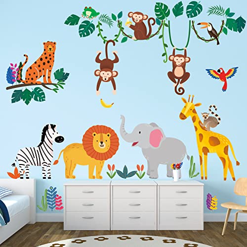 DECOWALL DSL-8057 Jungle Animals Wall Decals Stickers Leaf Tropical Baby Kids d?cor Peel and Stick Nursery playroom Room Safari Forest Decorations Monkey boy Classroom Lion Elephant Girls Cheetah