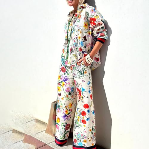LILTWIST Summer Graffiti Pants Sets for Women Boho Printed 2 Piece Wide Leg Pajama Set Button down Shirts Matching Beach Set2