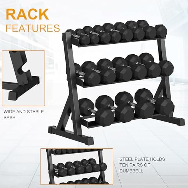 Premium Rubber Coated Hex Dumbbell Weight Set With Rack, Multiple Packages,210LB/350LB/450LB/550LB for Home Gym, Coated Hand Weights for Strength Training, Workouts