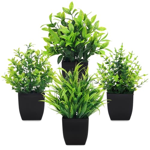 CEWOR Fake Plants 4 Packs Small Artificial Greenery Plants Mini Black Bathroom Accessories Decorations for Desk Bathroom Office Home Room Kitchen Table Decor Indoor