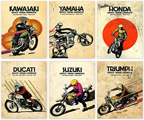 Motorcycles Posters - Vintage Motocross Wall Art Prints, Extreme Sport Canvas Wall Art for Man Cave, Boys, Teens Room Home Decor, The Best Gift for A Motocross Fans, Set of 6-(8"x10", Unframed)