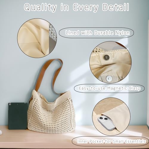 Crochet Beach Tote Bag for Women, Cute Soft Woven Summer Boho Purse Hangbags Shoulder Bags for Vacation 2025 Beige4