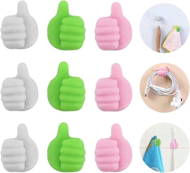 9PCS Thumb Utility Hooks, Self Adhesive Hooks, Decorative Wall Mounted Hooks Waterproof & Oil Proof for Bathroom Kitchen Home Office Key Towels Toothbrush Plug Cable