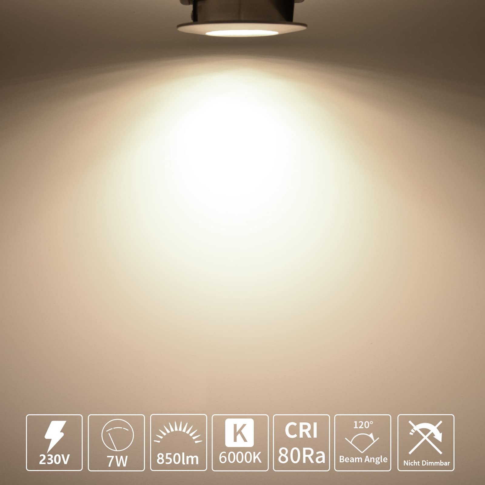 HiBay Einbaustrahler LED Flach 7W LED Spot Badezimmer IP44 Deckenspots Rund Matt Nickel 6000K Kaltweiß Einbauleuchten 850lm 10er Set