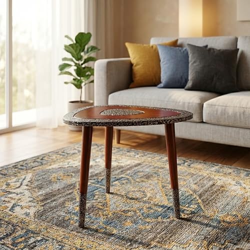 Image of Arvix Store Wooden Coffee Table with Engineered Wood Top- Solid Mango Wood Legs & Antique Aluminium Design- Perfect for Living Room & Home and Office Decor (Triangle)