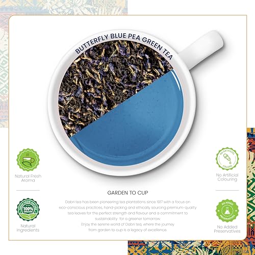Image of Dabri Blue Flower Butterfly Pea Green Tea 32 pyramid Dip Tea Bags|Natural Loose Leaves with Blue Flower Herbal Blend|Farm Fresh|Rich Antioxidants|Helps Regulate Blood Sugar|Supports Hair, Skin Health