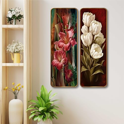Image of Livin'luxe Floral Wall Panel Set of 2 | Pink & White Flower Sparkle Lamination Art | Premium MDF Vertical Wall Decor for Living Room, Bedroom & Hall (12 x 18 Inch) AS-08
