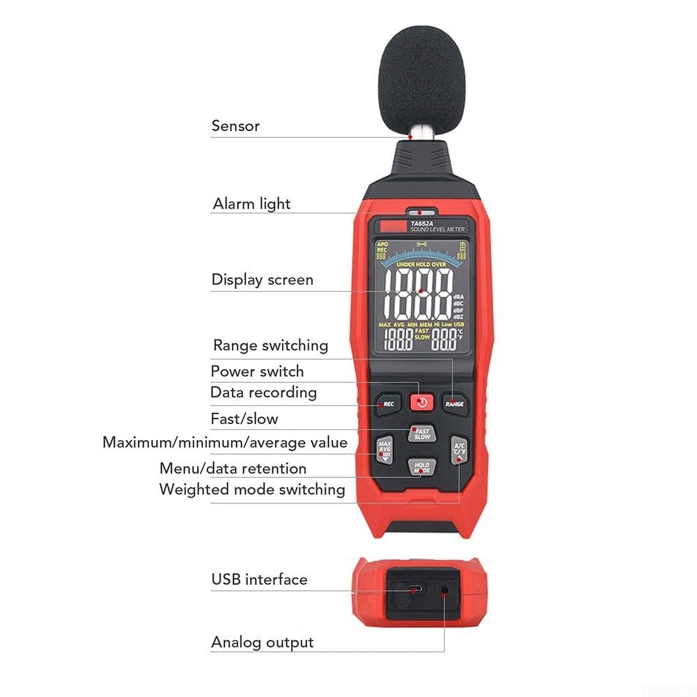Medidor de nivel de sonido profesional TA652A, probador de ruido digital con pantalla clara, instrumento de medición acústico de mano para uso en fábrica y exteriores