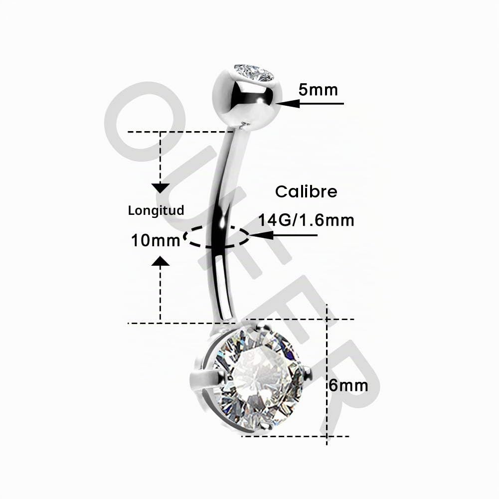 OUFER Body Piercing OUER 14G 14K Solid Gold Belly Button Ring Clear CZ Navel Ring Belly Bars