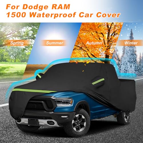 Image of BORDAN Car Cover for 1998-2025 Dodge Ram 1500 Crew Cab 5'7 inchor 6'4 inch Box, Heavy Duty Full Exterior Pickup Truck Cover Waterproof All Weather Sun Rain UV Dust Snow Protection Outdoor with Zipper Door
