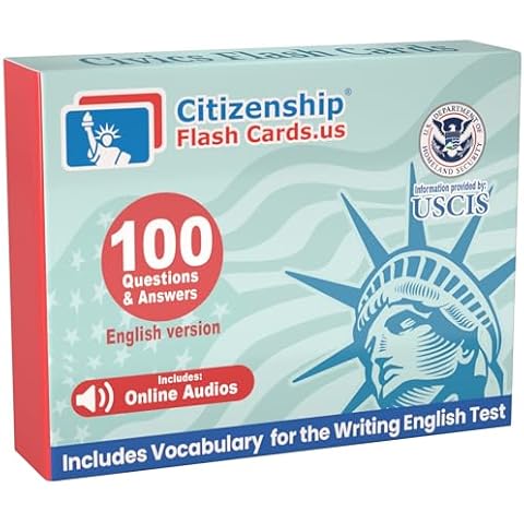 US Citizenship Flashcards to Study for the Citizenship Test. Official USCIS 100 Questions and Answers and a List of the Official Words for Writing Test. 100 Flash Cards Include Online Audios. Cover