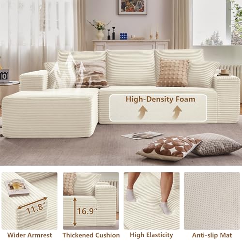 Image of 107 inch Cloud Sectional Couch with L-Shape Chaise, Modern Modular Comfy Sofa with Deep Seat, Upholstered Corduroy Couches Sleeper Chaise Longue for Living Room Bedroom, No Assembly Required, White