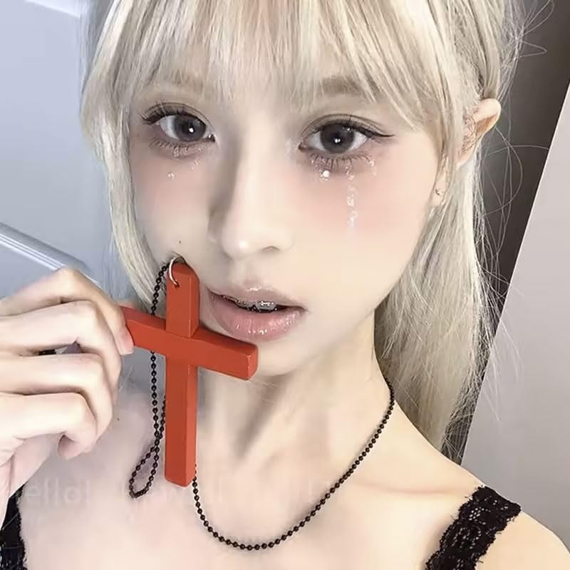 Chunky Cross Necklace for Men Women Goth Y2k Big Wooden Cross Pendant Necklace Halloween Nun Witch Costume Christmas Christian Gifts3